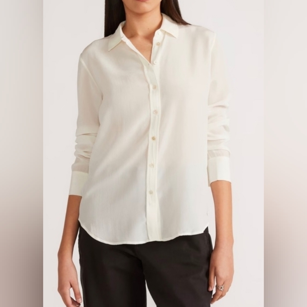 Everlane Ivory Silk Button Down Shirt, Size 00